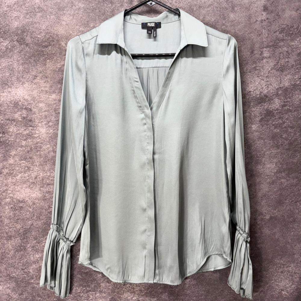 Paige Abriana Button Up Blouse Shirt Sz XS Silver Slate Shiny Silky Bell Sleeve